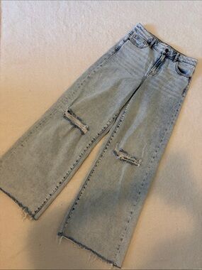 Light Blue Distressed Wide Leg Jeans - High Rise